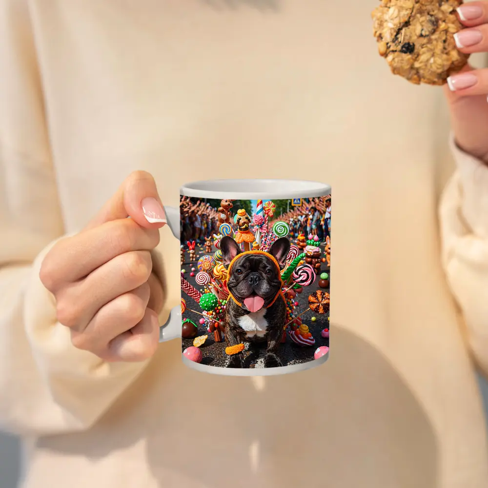 French Bulldog Surrounded by Colorful Candy Parade – Mugs