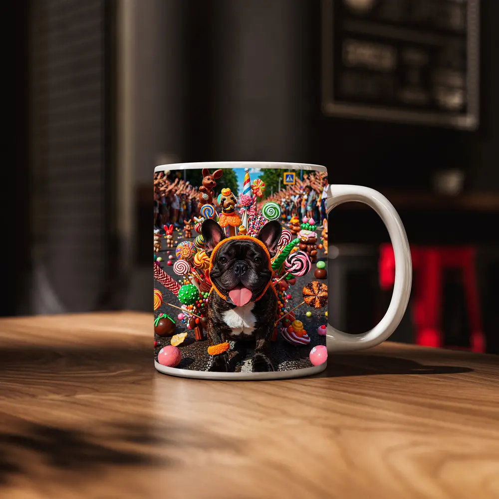 French Bulldog Surrounded by Colorful Candy Parade – Mugs