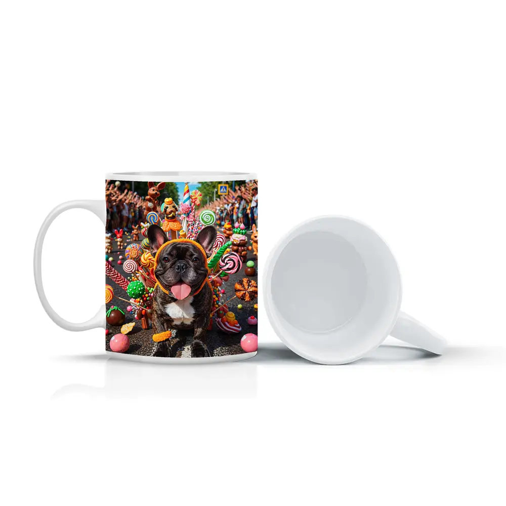 French Bulldog Surrounded by Colorful Candy Parade – Mugs