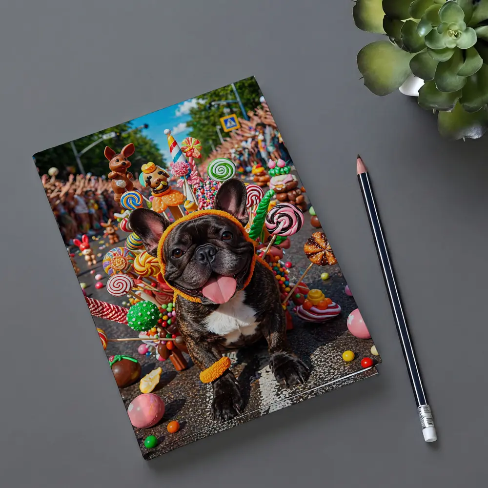 French Bulldog Surrounded by Colorful Candy Parade – Notebooks