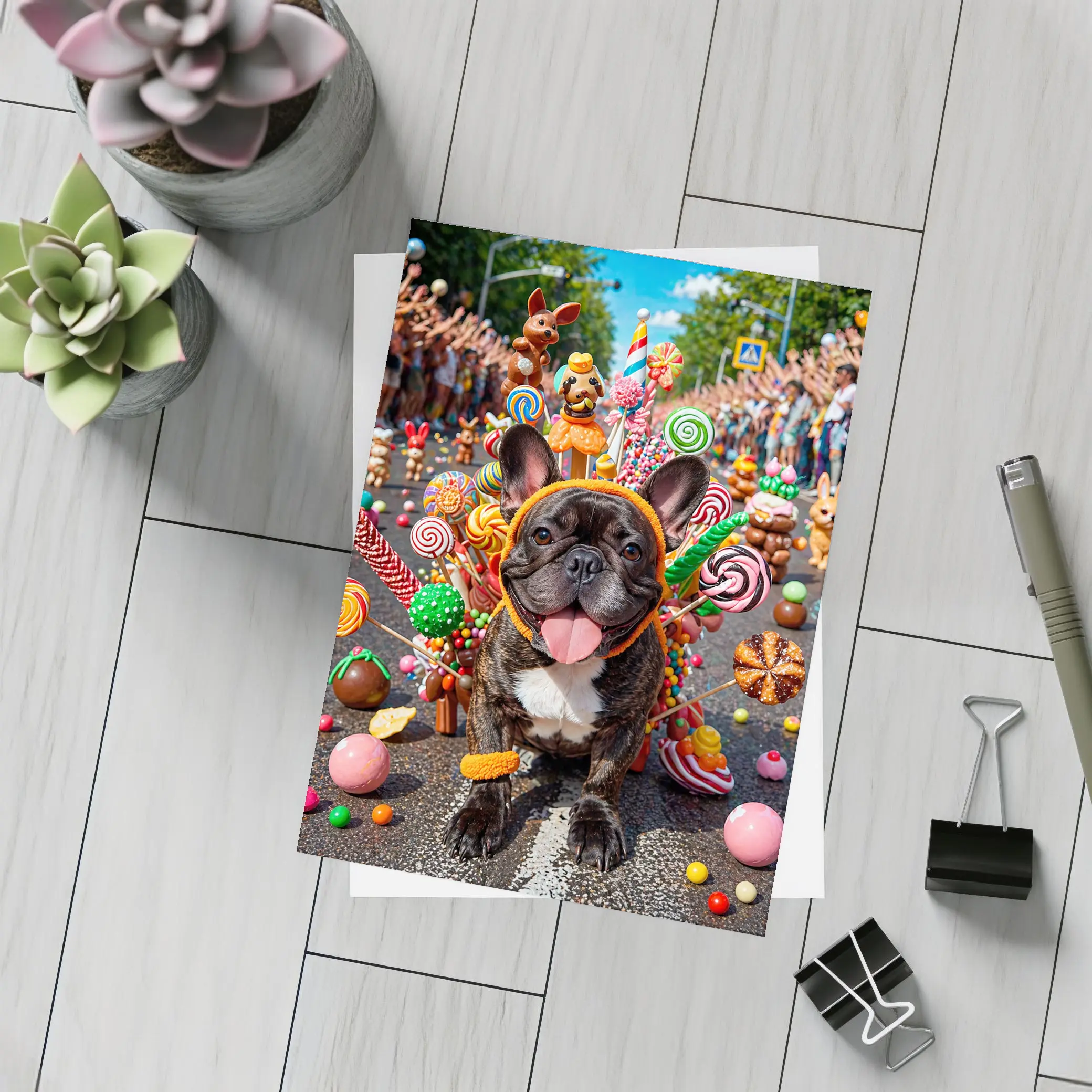 French Bulldog Surrounded by Colorful Candy Parade – Postcards