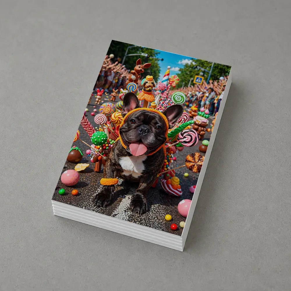 French Bulldog Surrounded by Colorful Candy Parade – Postcards