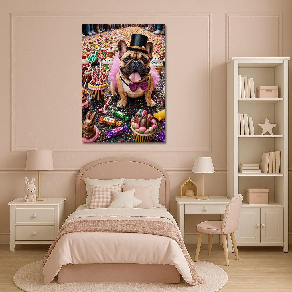 French Bulldog Surrounded by Colorful Candy Sweets – Wall Art