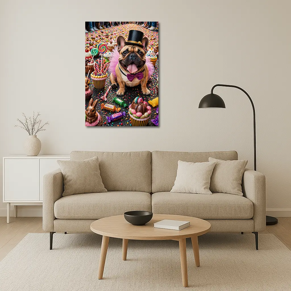 French Bulldog Surrounded by Colorful Candy Sweets – Wall Art