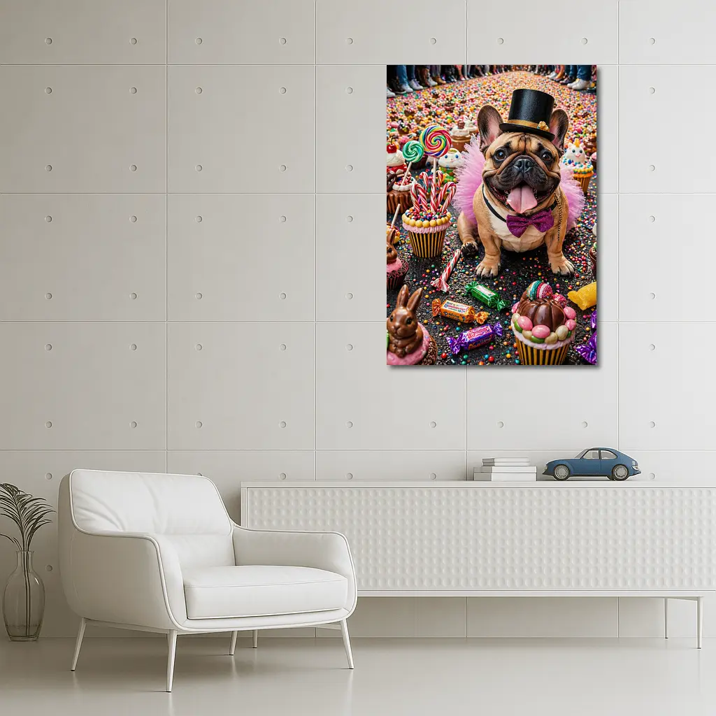 French Bulldog Surrounded by Colorful Candy Sweets – Wall Art