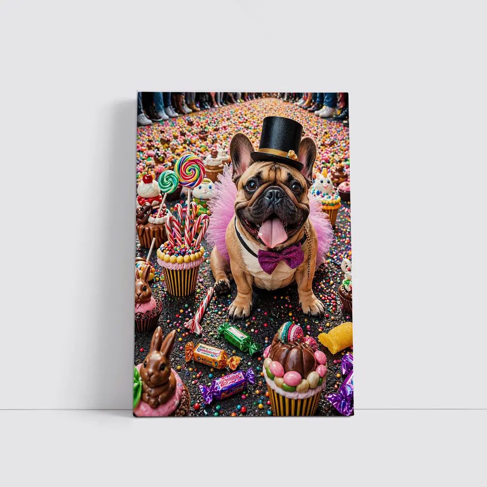 French Bulldog Surrounded by Colorful Candy Sweets – Wall Art