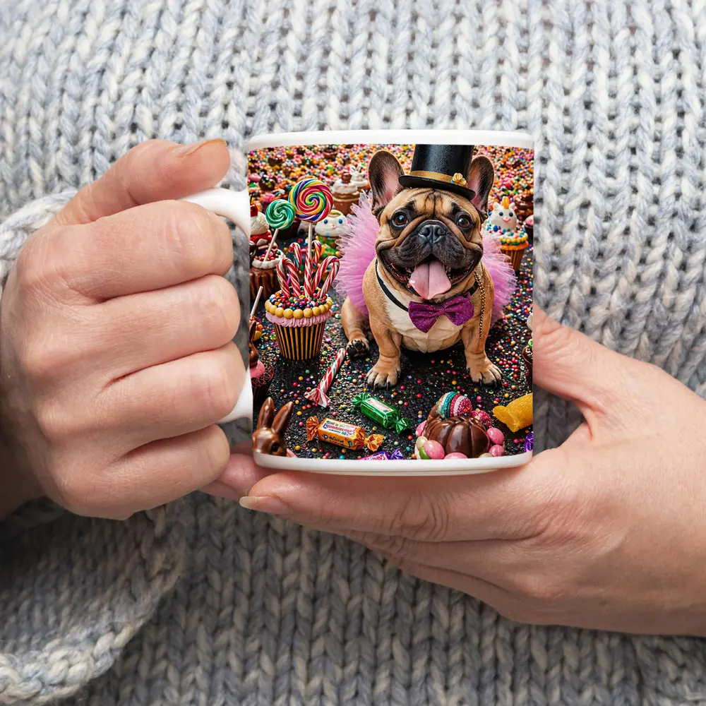 French Bulldog Surrounded by Colorful Candy Sweets – Mugs
