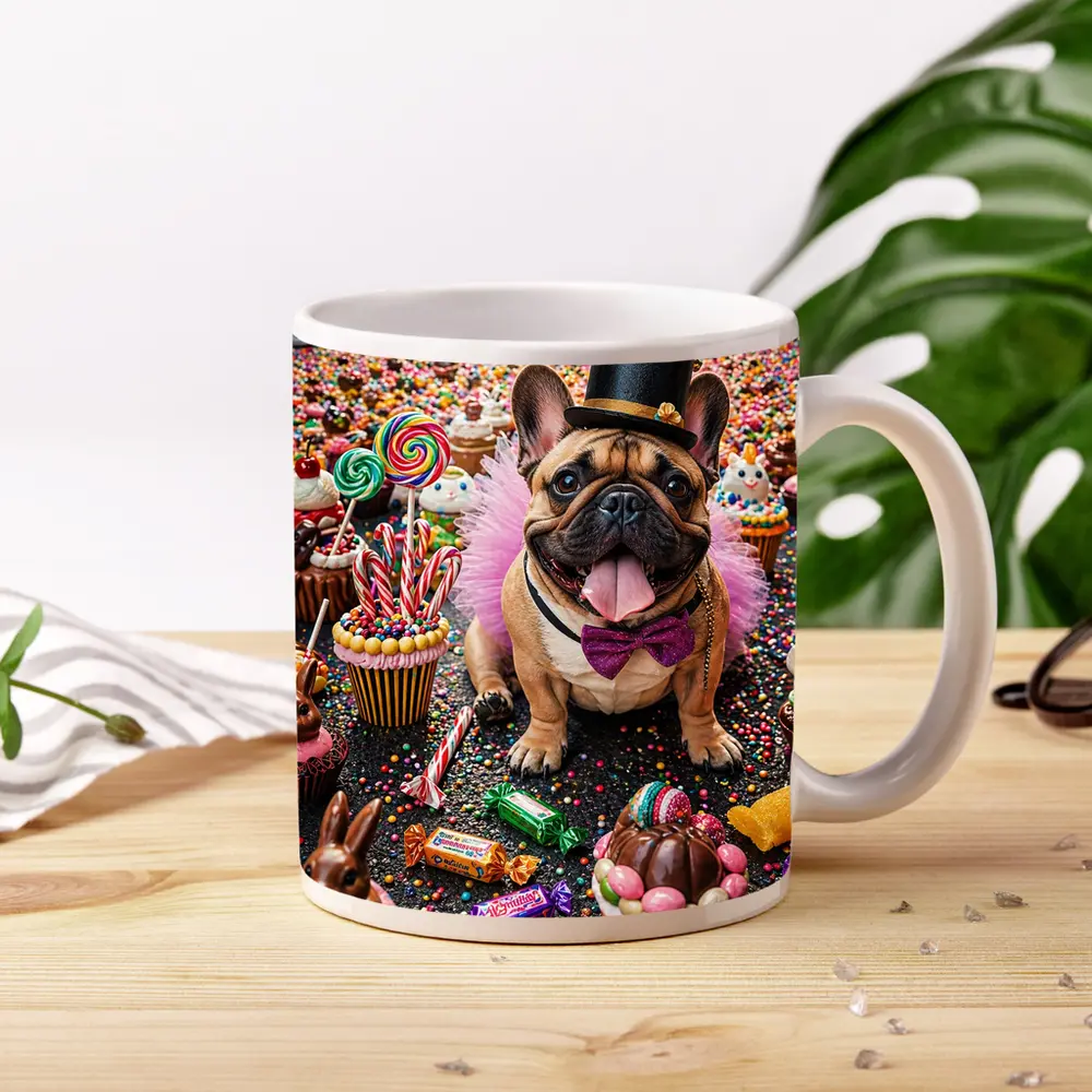 French Bulldog Surrounded by Colorful Candy Sweets – Mugs