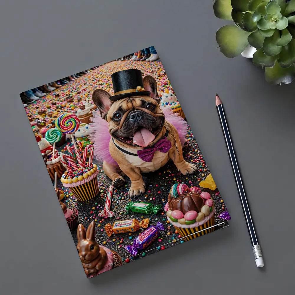 French Bulldog Surrounded by Colorful Candy Sweets – Notebooks