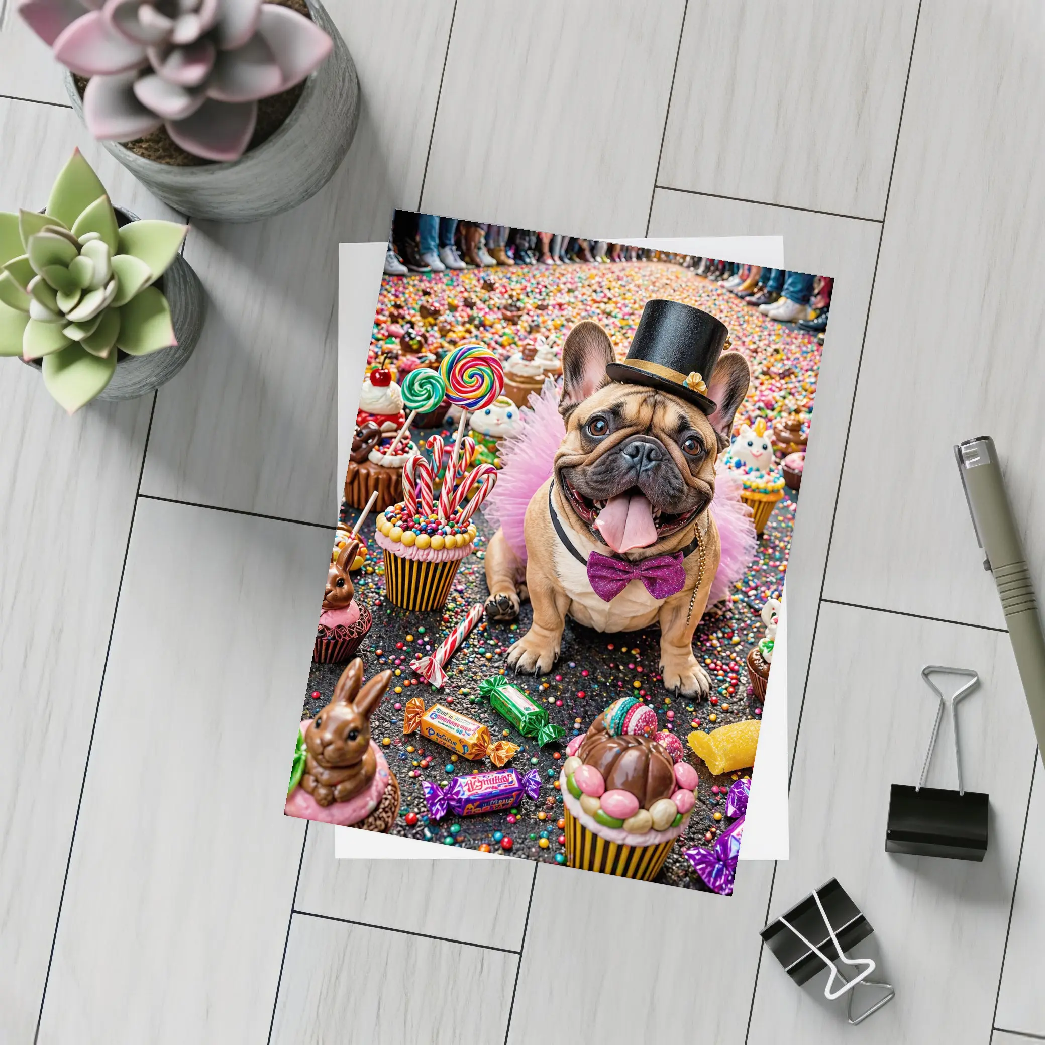 French Bulldog Surrounded by Colorful Candy Sweets – Postcards