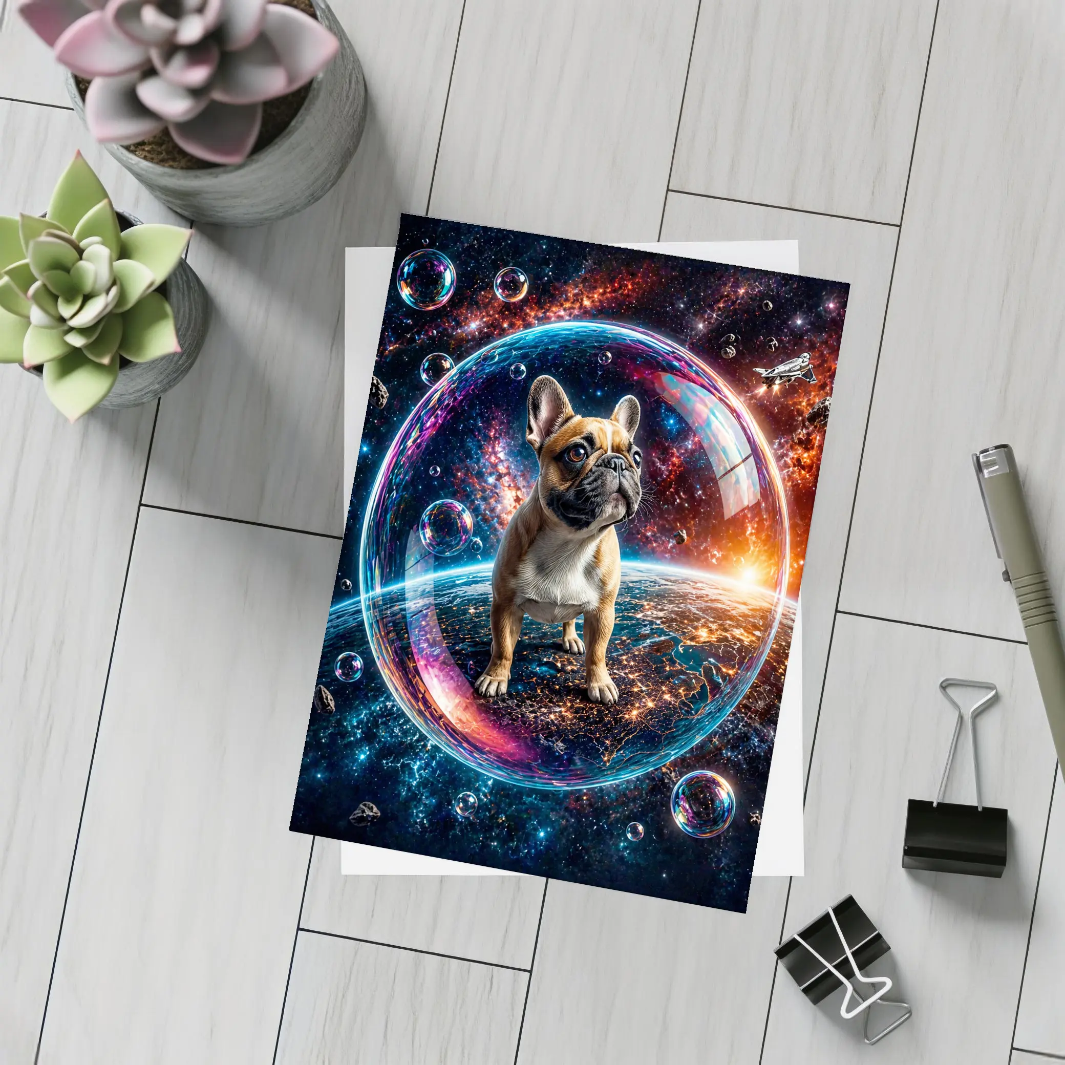 French Bulldog Floating in Space Bubble – Postcards