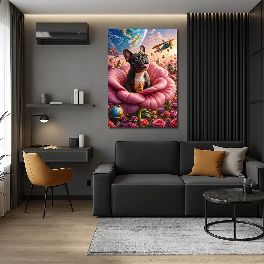 French Bulldog Sitting In Giant Pink Rose – Wall Art