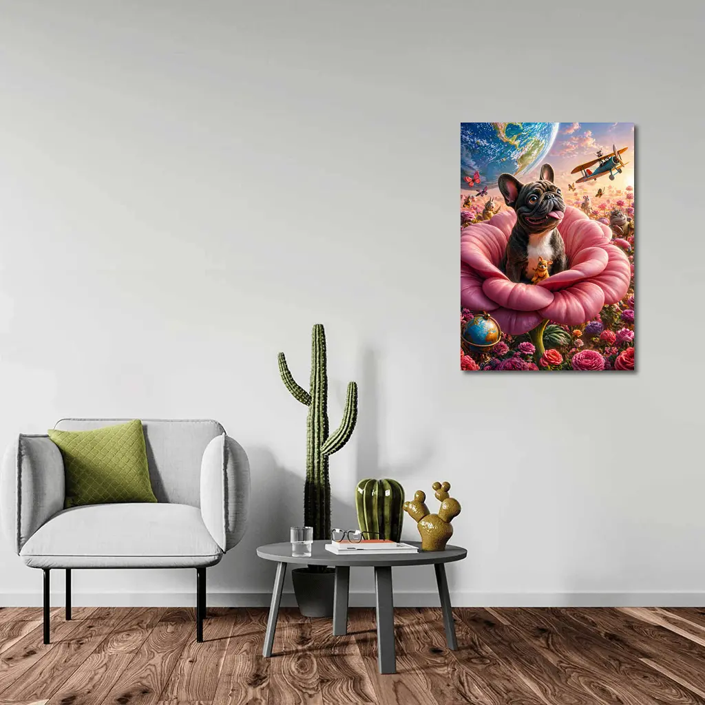 French Bulldog Sitting In Giant Pink Rose – Wall Art
