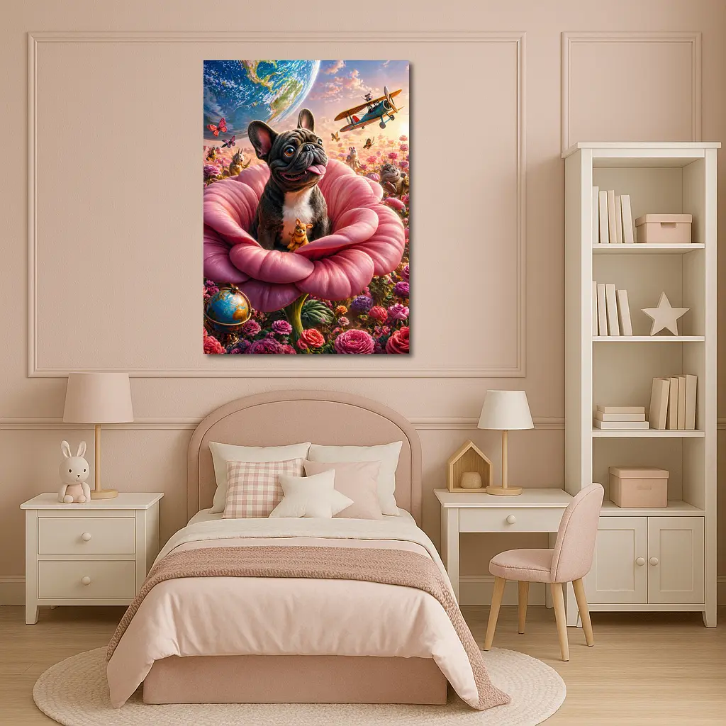 French Bulldog Sitting In Giant Pink Rose – Wall Art