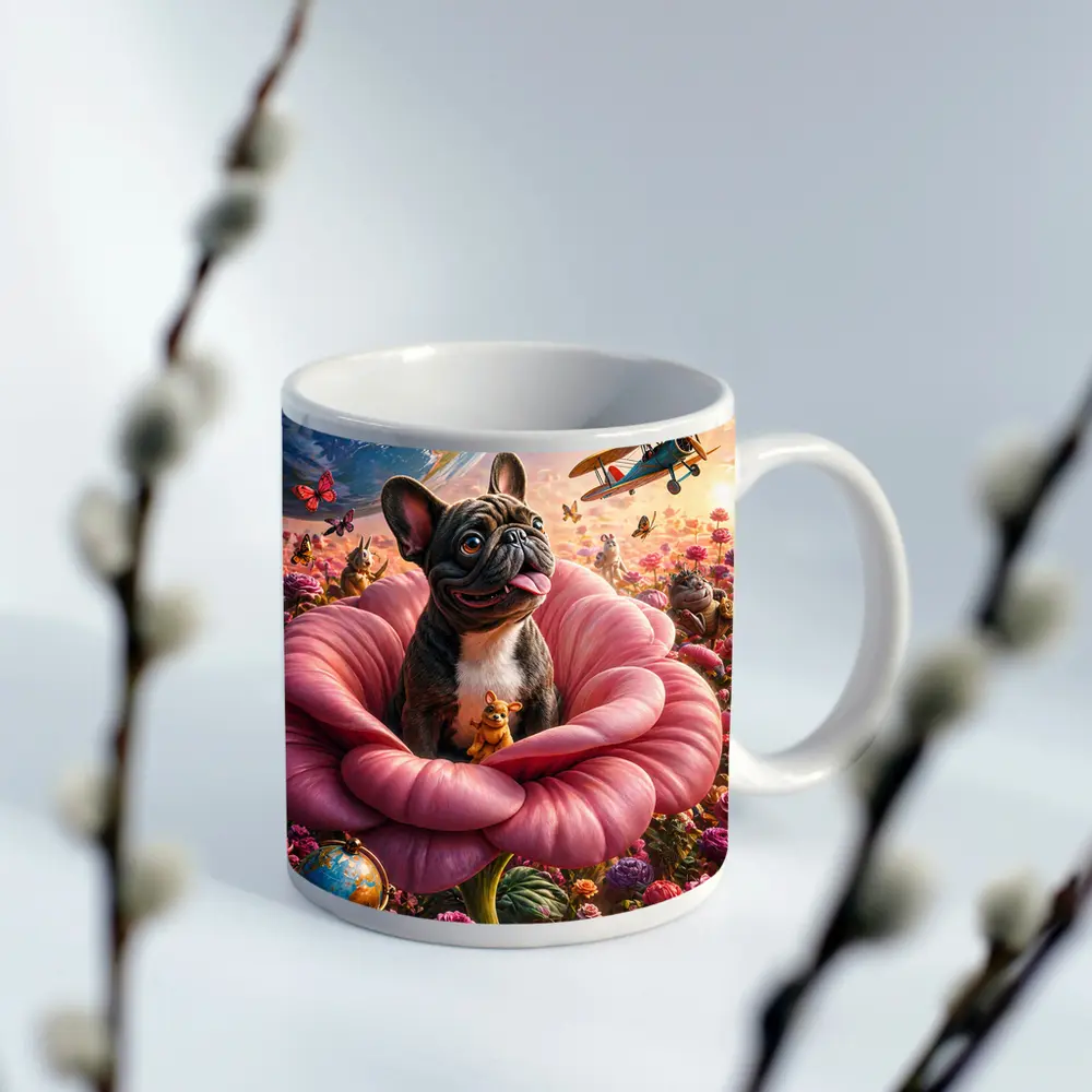 French Bulldog Sitting In Giant Pink Rose – Mugs