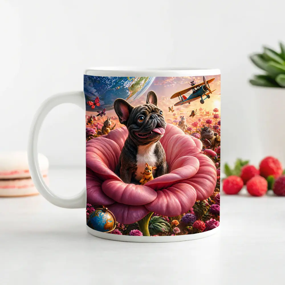 French Bulldog Sitting In Giant Pink Rose – Mugs