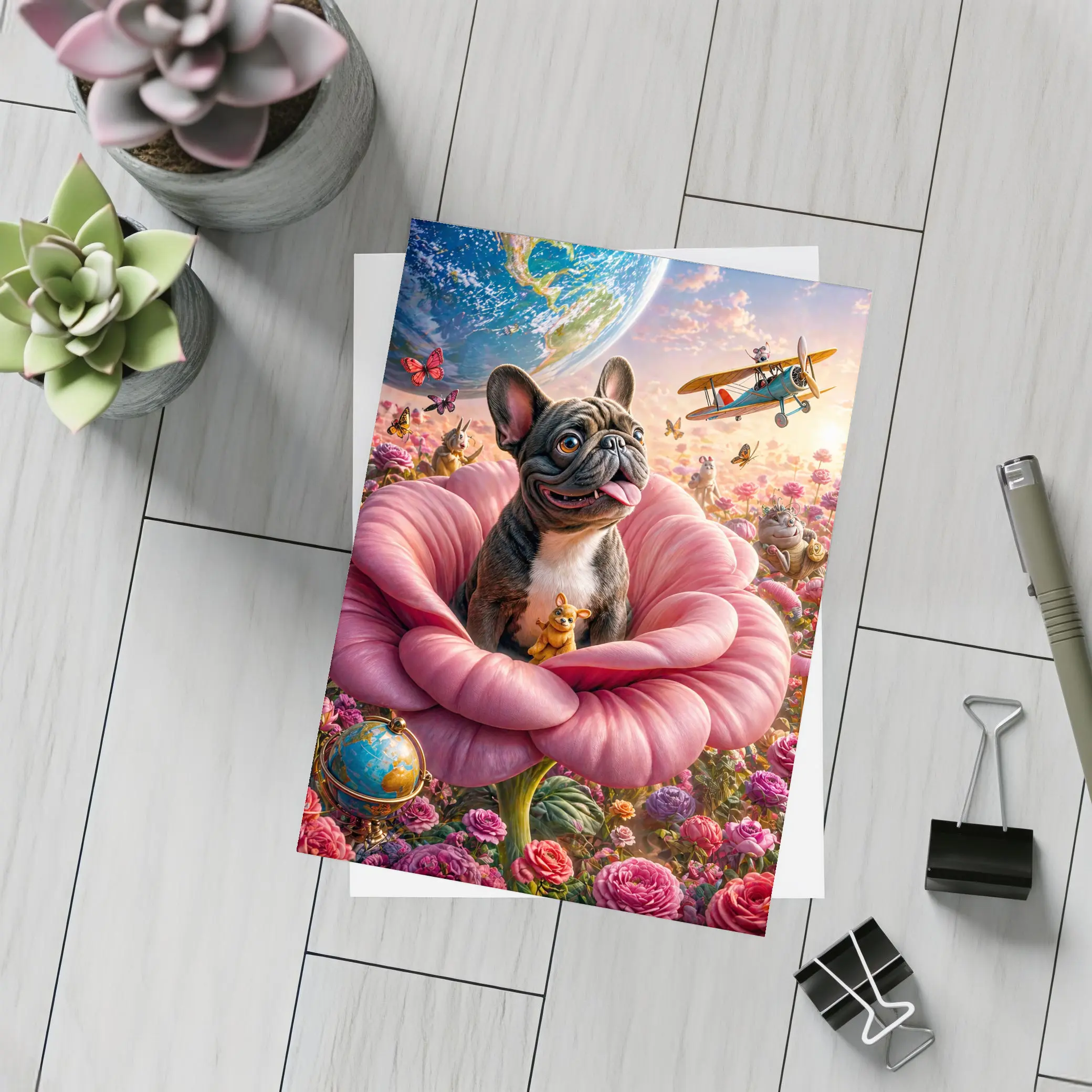 French Bulldog Sitting In Giant Pink Rose – Postcards