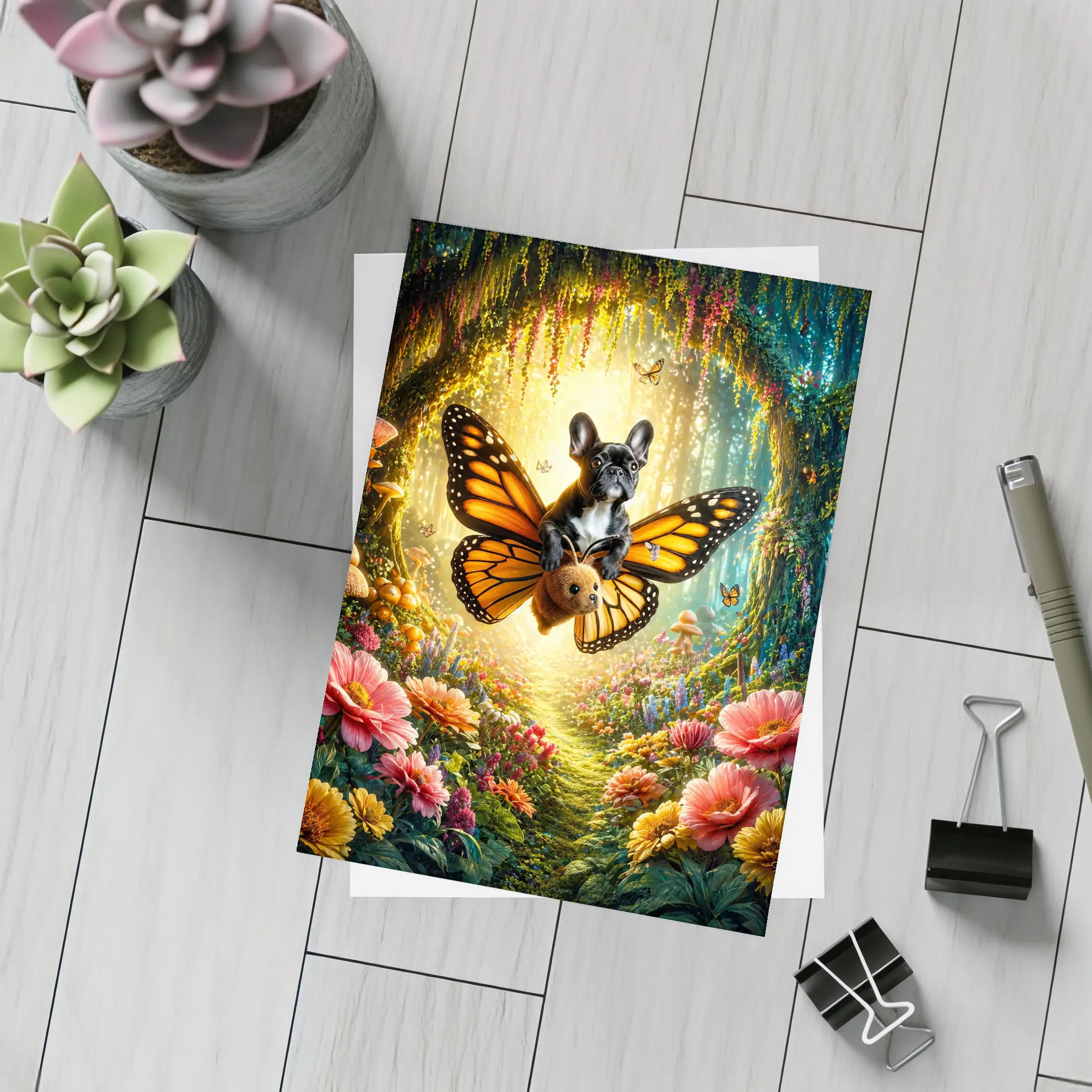 French Bulldog Butterfly Flying Magical Forest – Postcards