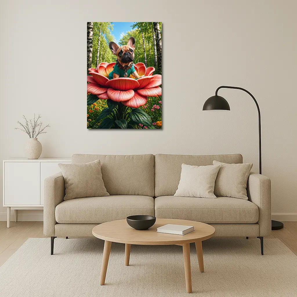 French Bulldog Sitting on Giant Red Flower – Wall Art