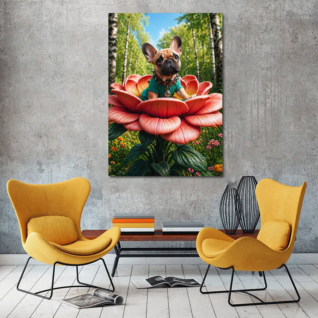 French Bulldog Sitting on Giant Red Flower – Wall Art