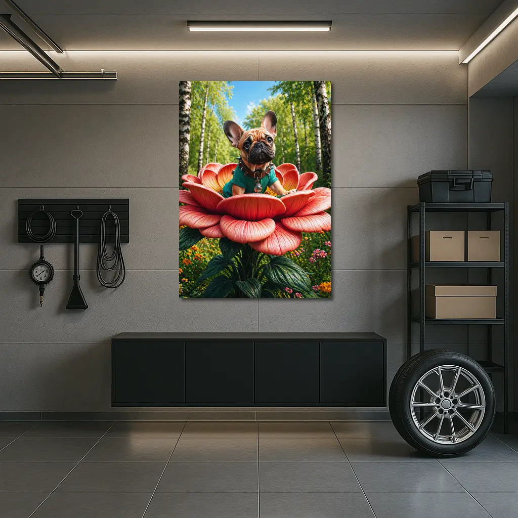 French Bulldog Sitting on Giant Red Flower – Wall Art