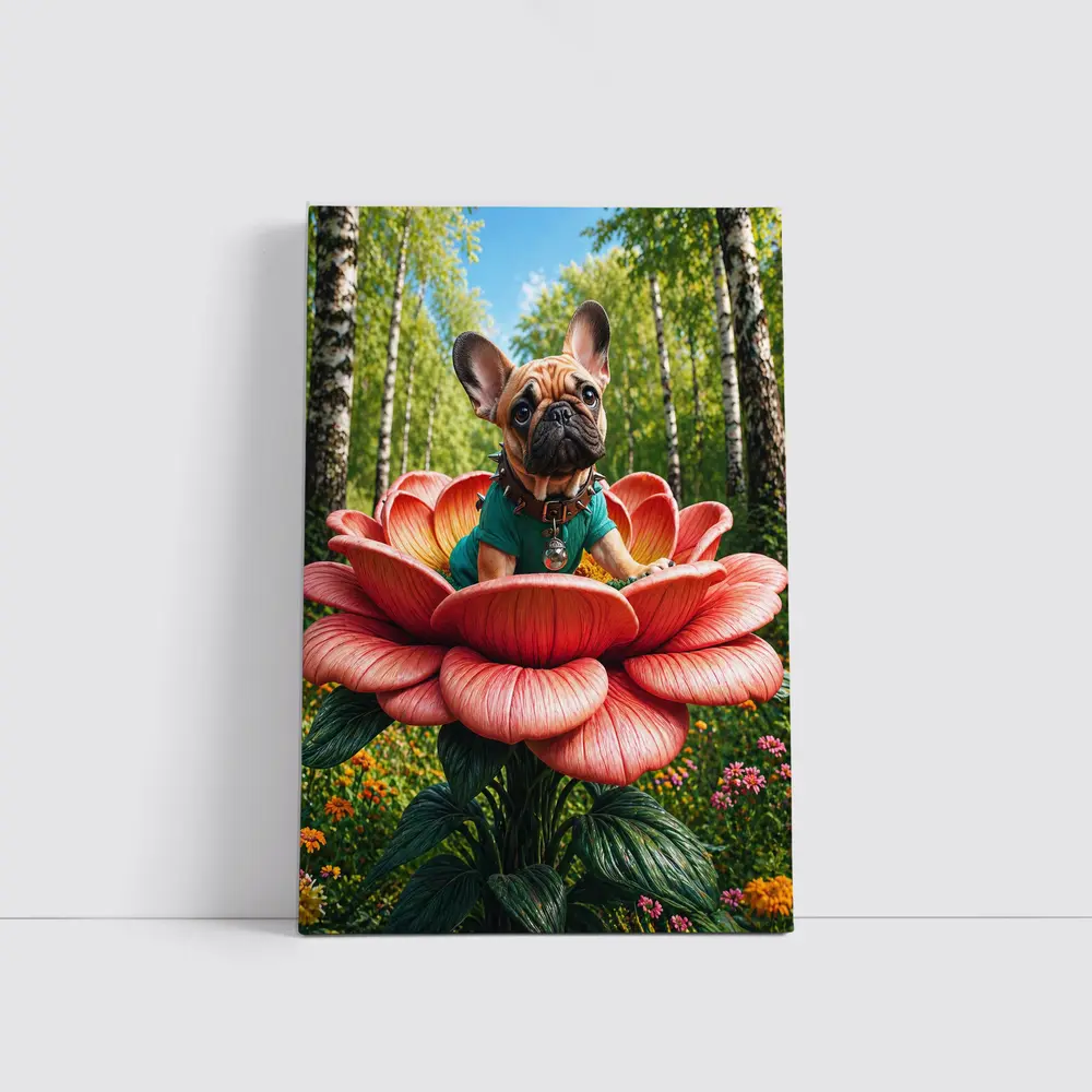 French Bulldog Sitting on Giant Red Flower – Wall Art