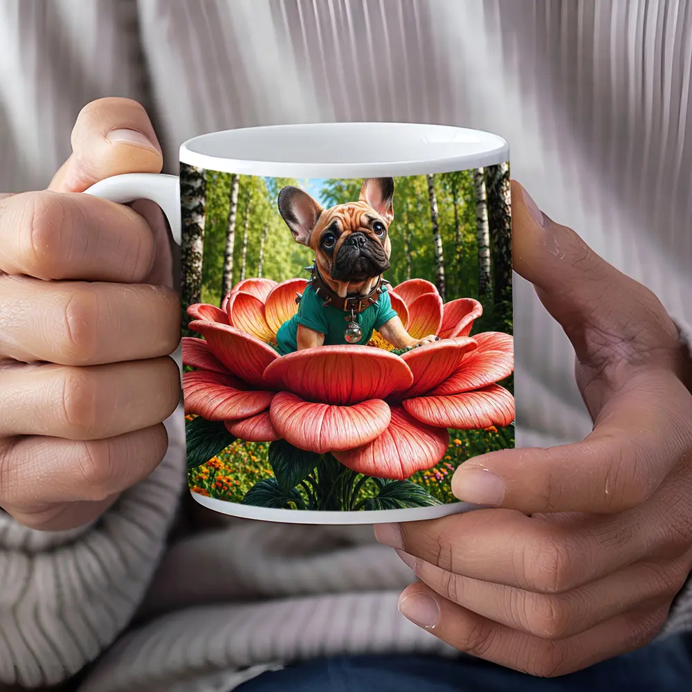 French Bulldog Sitting on Giant Red Flower – Mugs