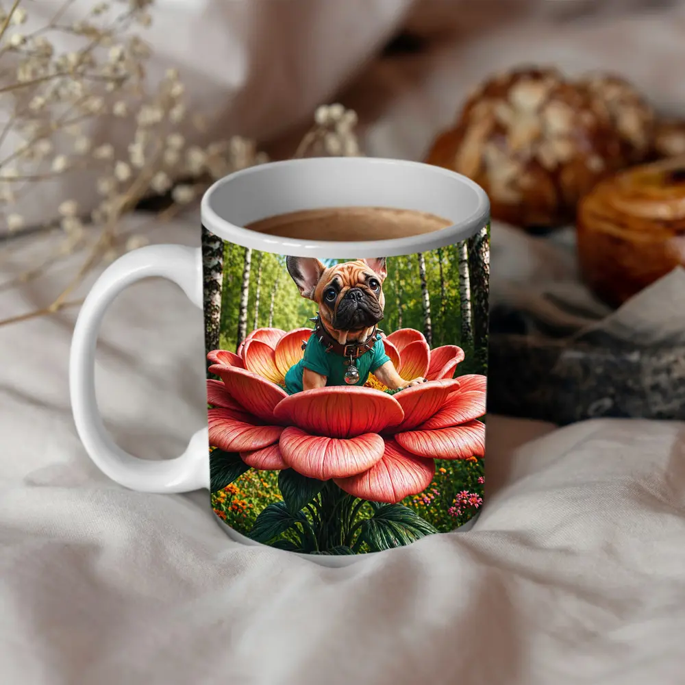 French Bulldog Sitting on Giant Red Flower – Mugs