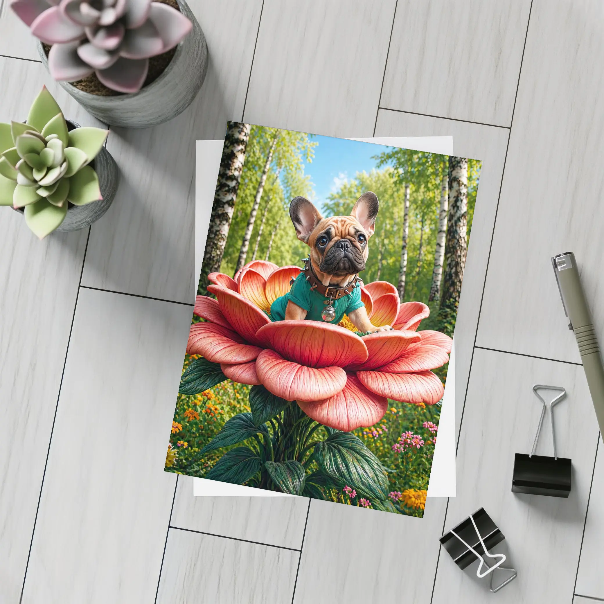 French Bulldog Sitting on Giant Red Flower – Postcards