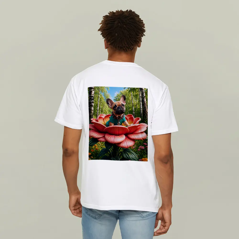 French Bulldog Sitting on Giant Red Flower – T-Shirts