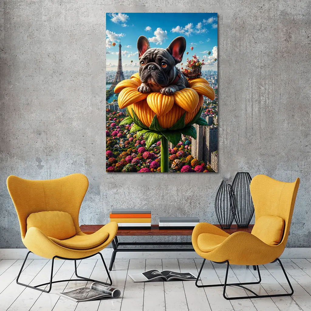 French Bulldog Sitting Giant Sunflower Paris – Wall Art