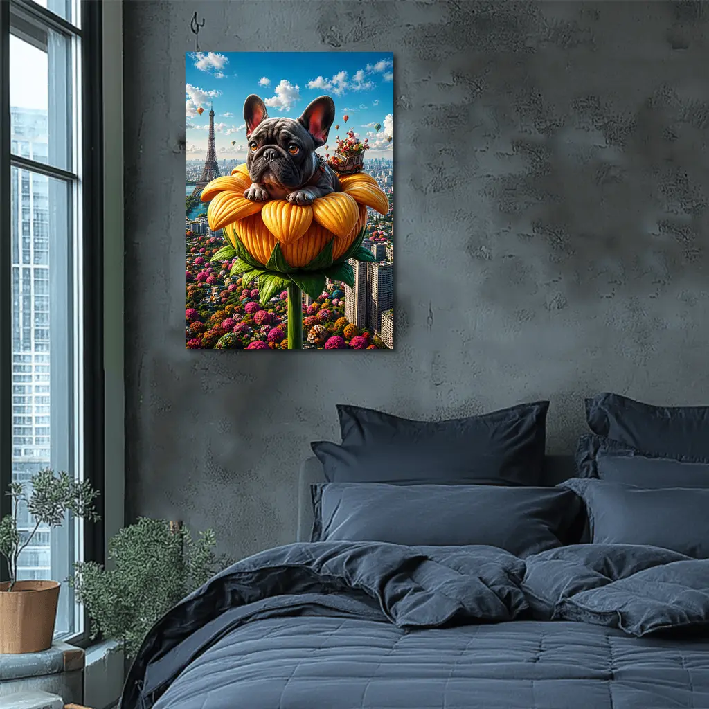French Bulldog Sitting Giant Sunflower Paris – Wall Art