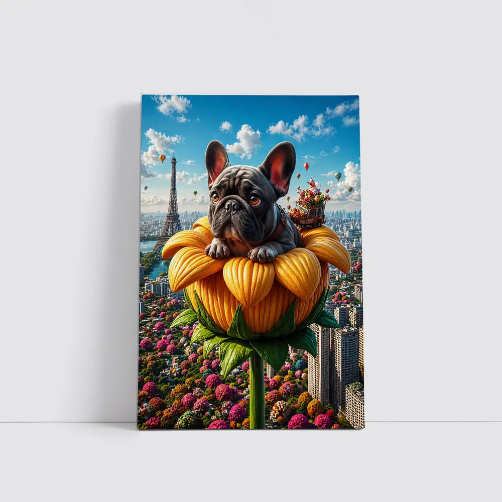 French Bulldog Sitting Giant Sunflower Paris – Wall Art
