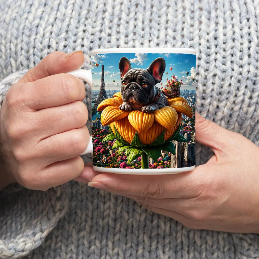 French Bulldog Sitting Giant Sunflower Paris – Mugs