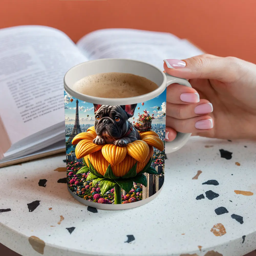 French Bulldog Sitting Giant Sunflower Paris – Mugs