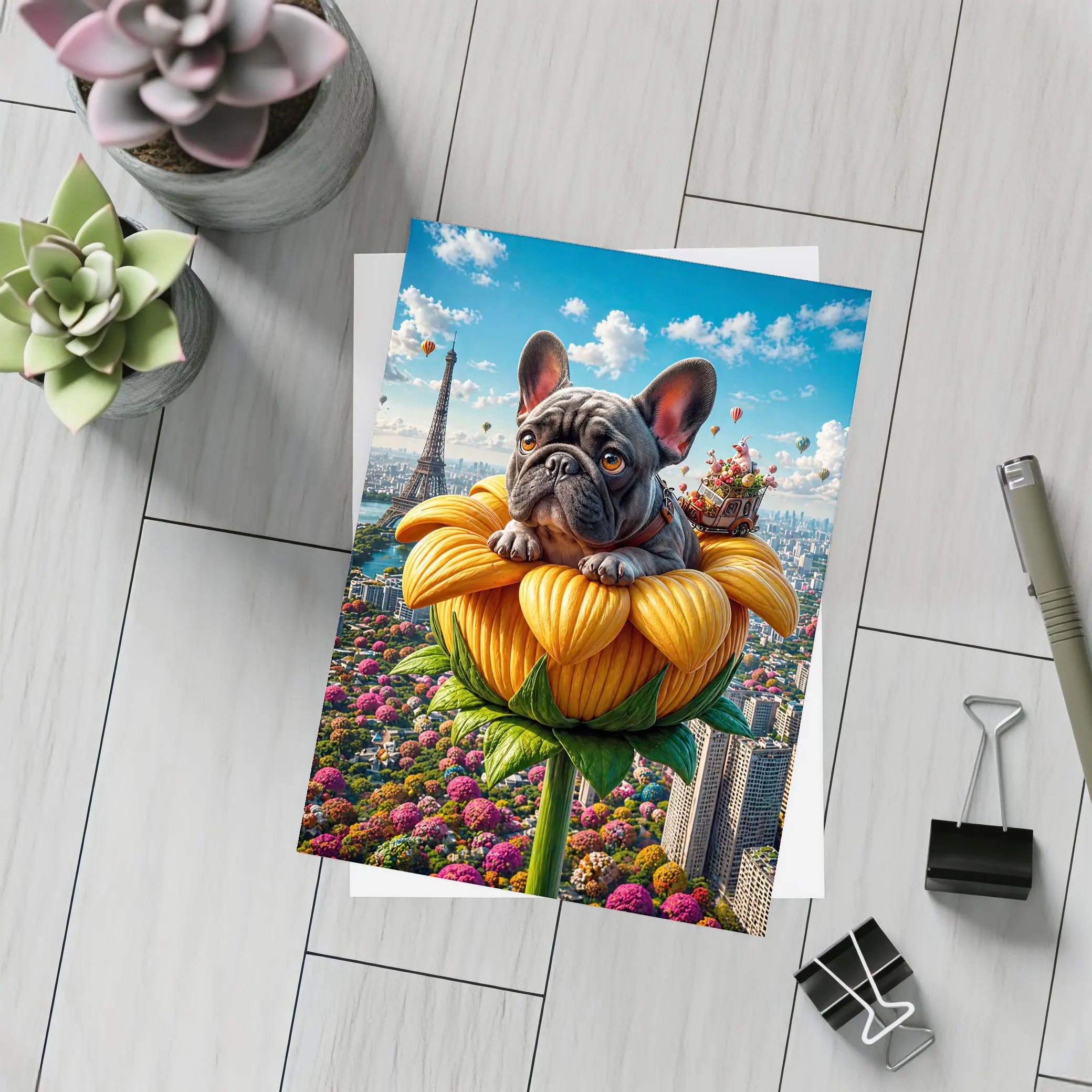 French Bulldog Sitting Giant Sunflower Paris – Postcards