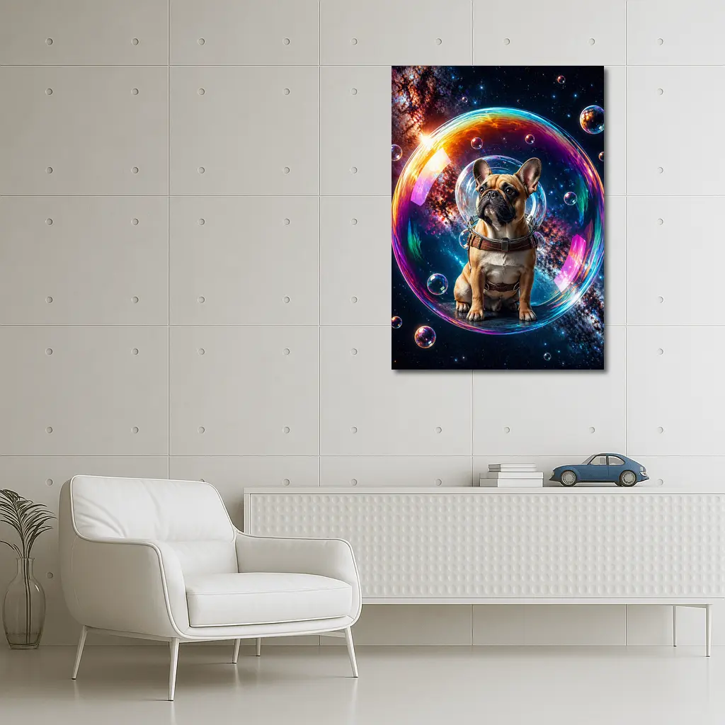 French Bulldog Astronaut Floating in Space Bubble – Wall Art