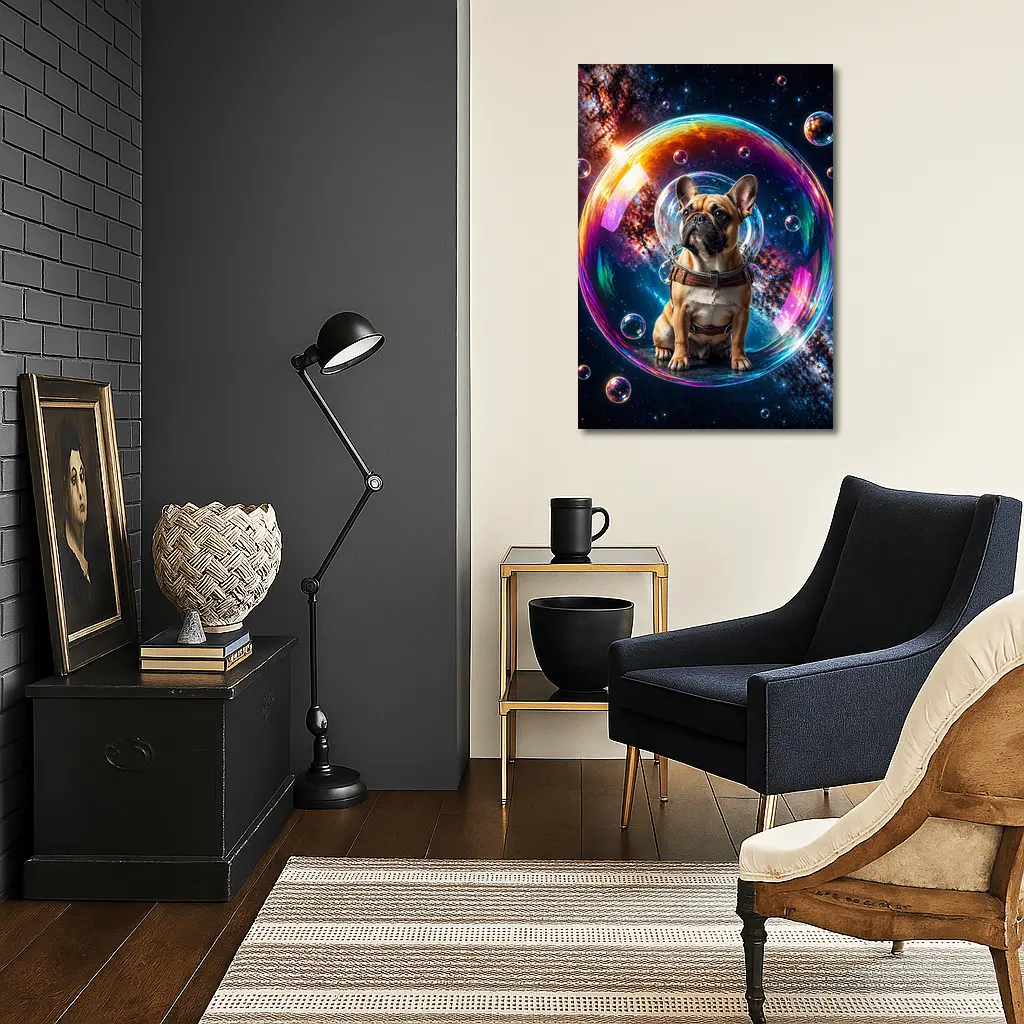 French Bulldog Astronaut Floating in Space Bubble – Wall Art