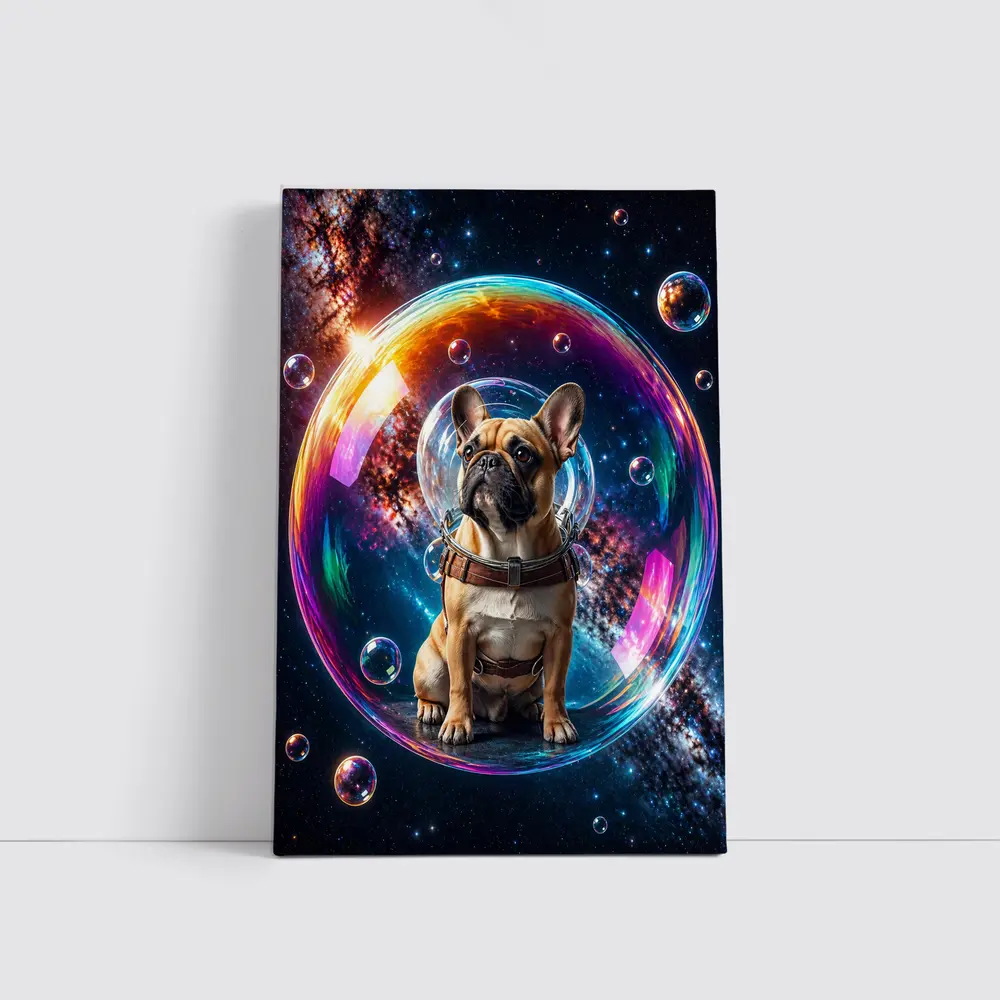 French Bulldog Astronaut Floating in Space Bubble – Wall Art