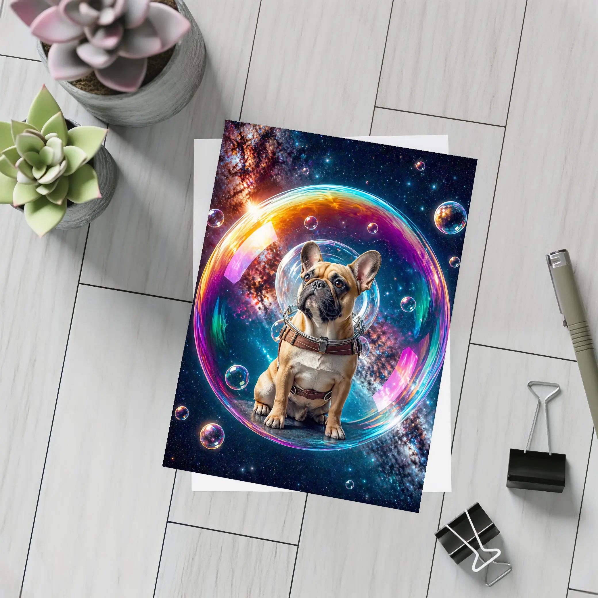 French Bulldog Astronaut Floating in Space Bubble – Postcards
