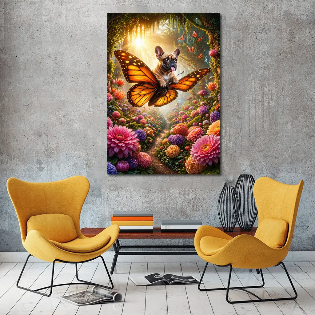French Bulldog Butterfly Flying Magical Flower Garden – Wall Art