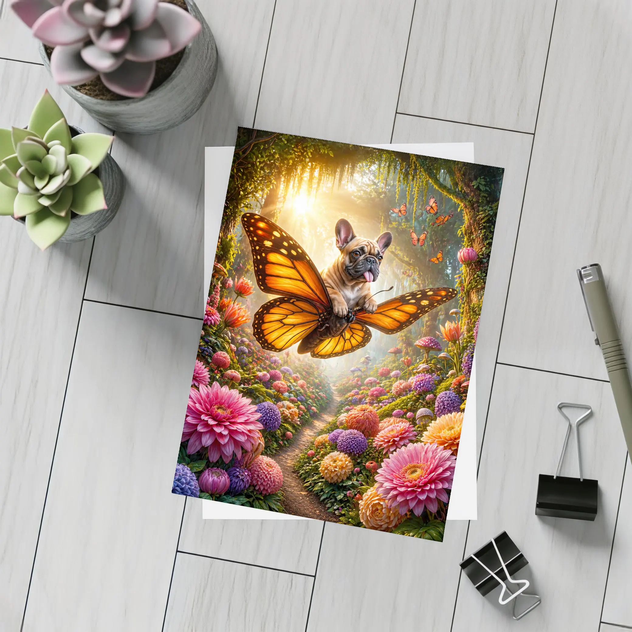 French Bulldog Butterfly Flying Magical Flower Garden – Postcards