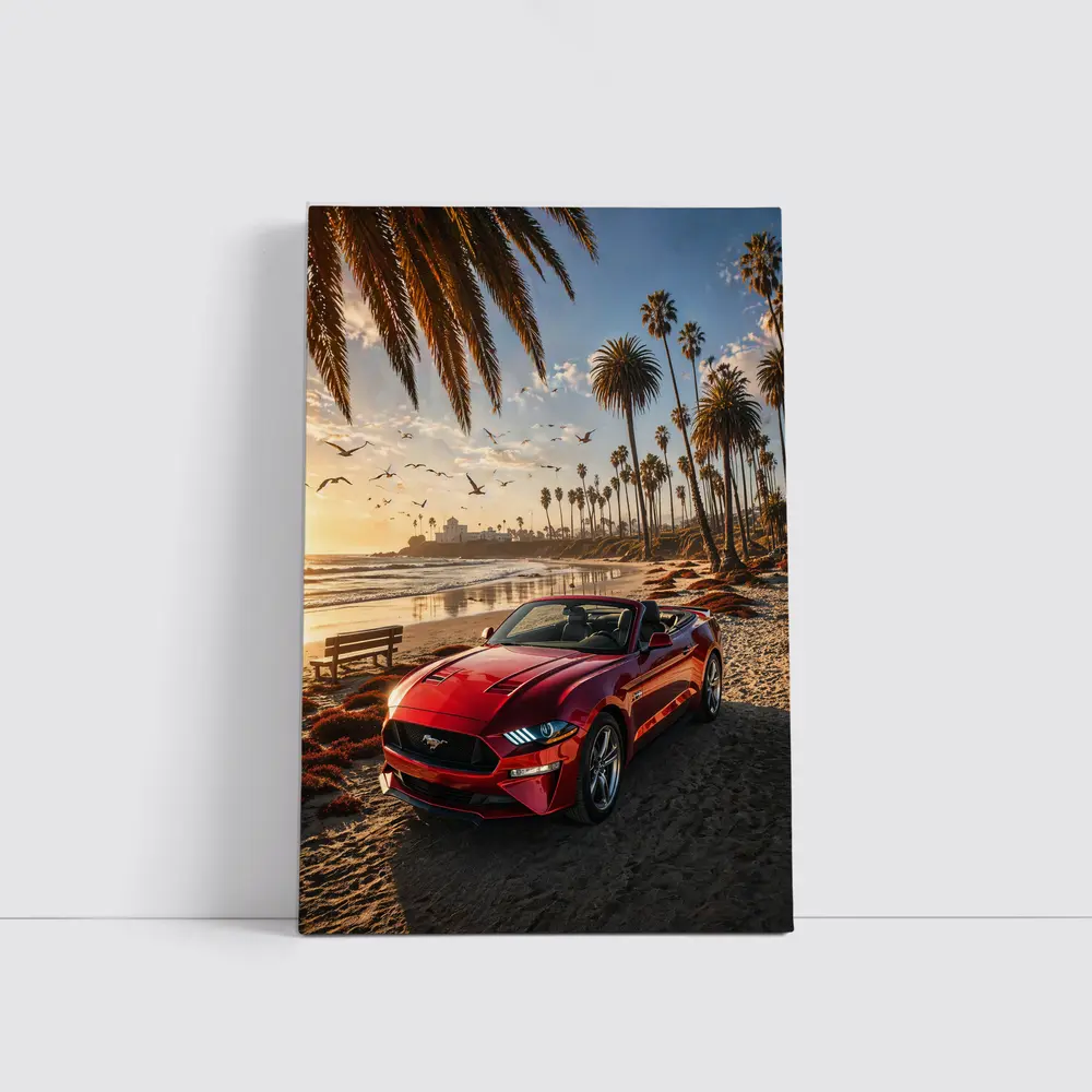 Ford Mustang Convertible Red Beach Sunset – Wall Art