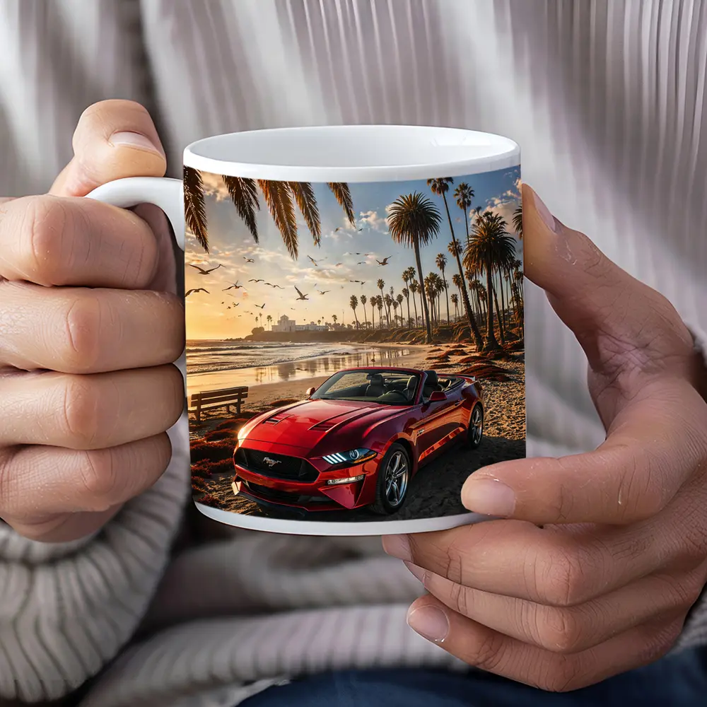 Ford Mustang Convertible Red Beach Sunset – Mugs