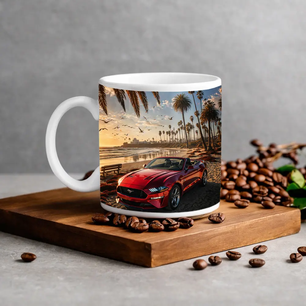 Ford Mustang Convertible Red Beach Sunset – Mugs