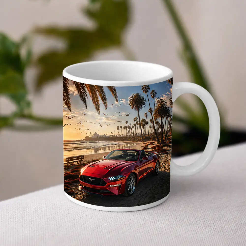 Ford Mustang Convertible Red Beach Sunset – Mugs