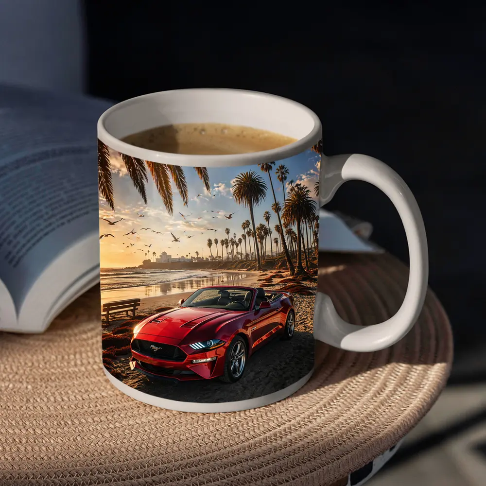 Ford Mustang Convertible Red Beach Sunset – Mugs