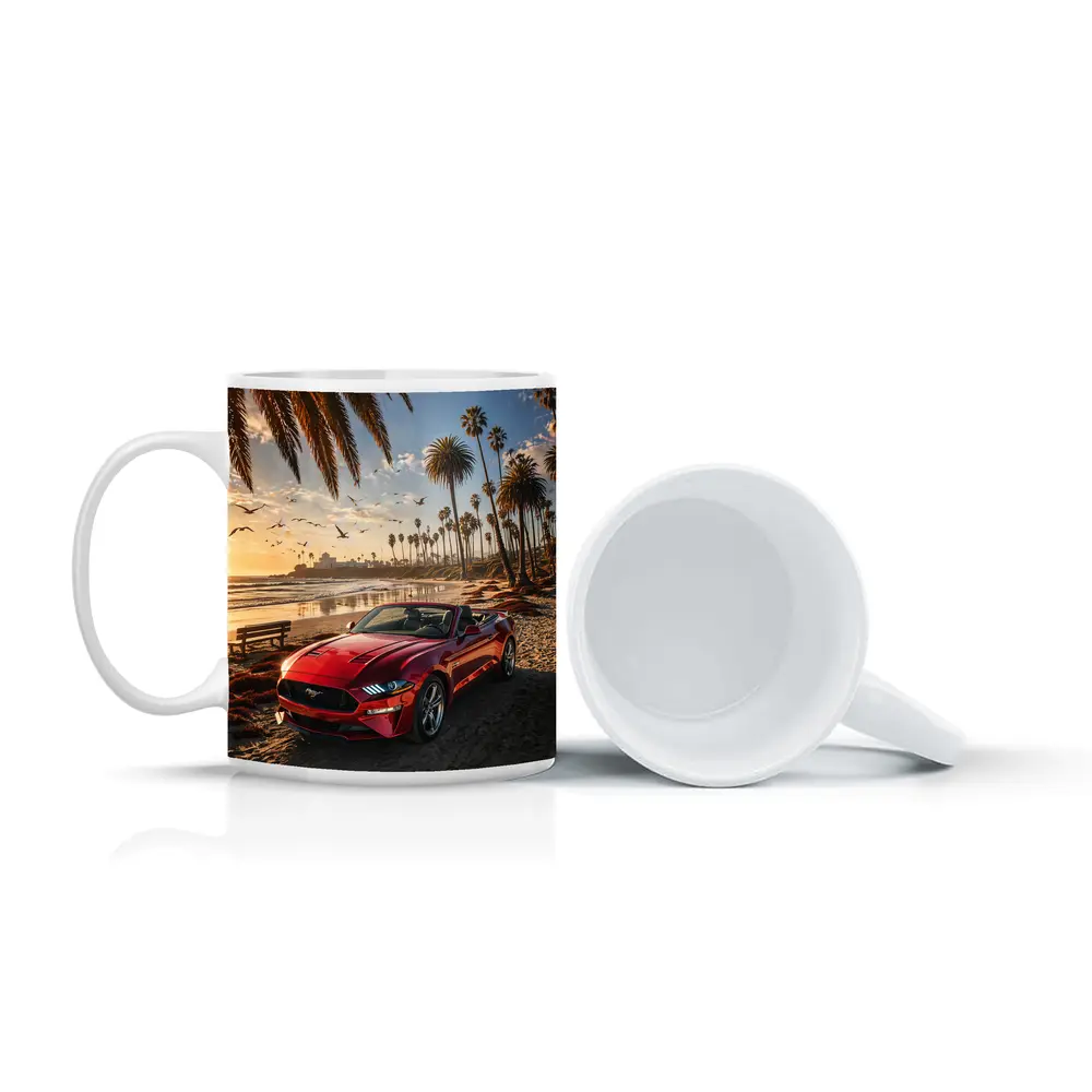 Ford Mustang Convertible Red Beach Sunset – Mugs