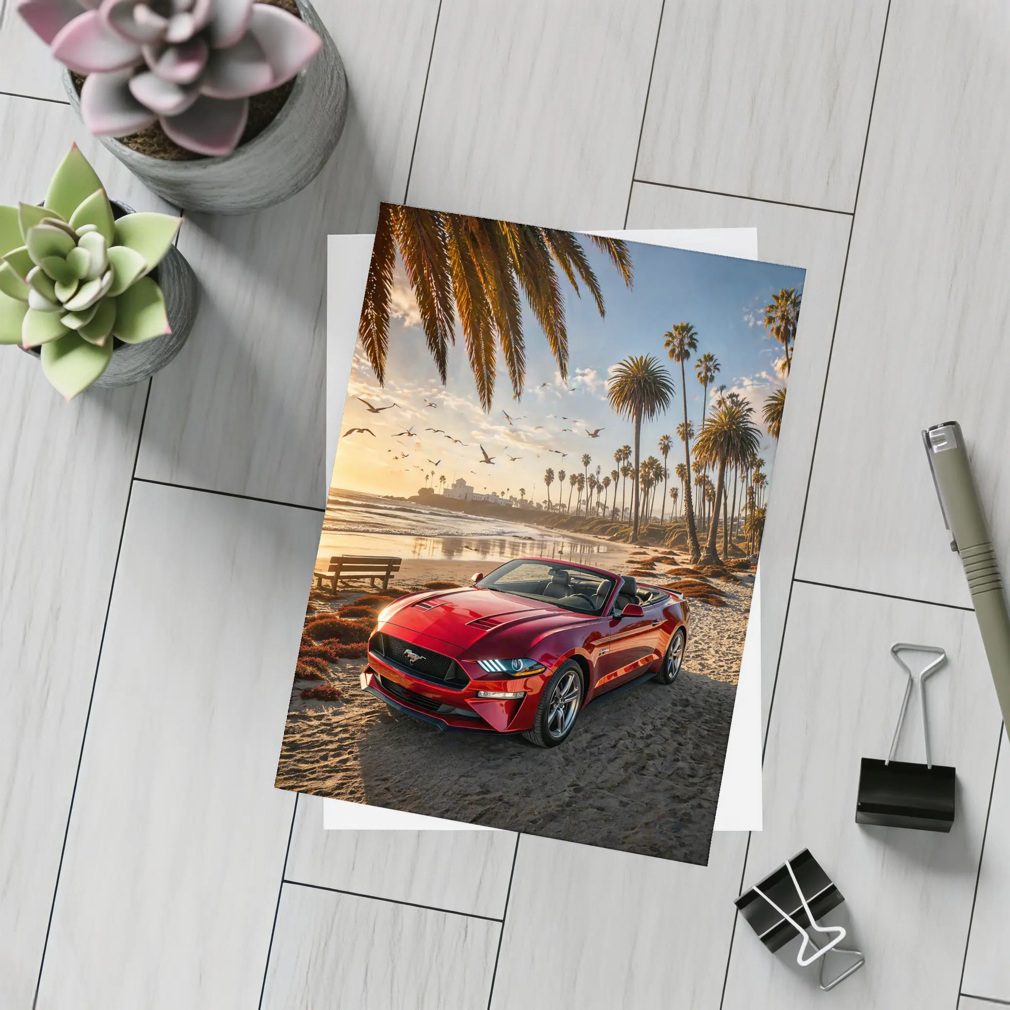 Ford Mustang Convertible Red Beach Sunset – Postcards