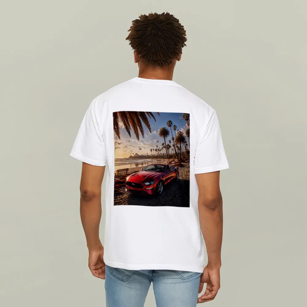 Ford Mustang Convertible Red Beach Sunset – T-Shirts